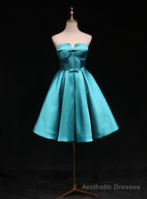 Blue Satin Strapless Bow Homecoming Dress